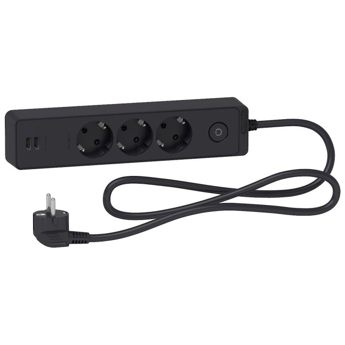 Trailing lead, Unica extend, 3 Schuko, swicthable, USB type A+A, 1.5m cable, anthracite main product photo