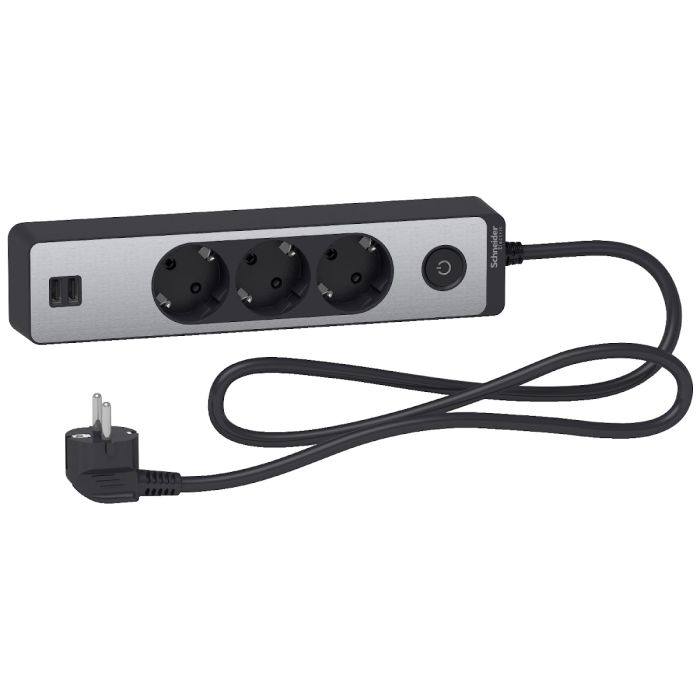Trailing lead, Unica extend, 3 Schuko, swicthable, USB type A+A, 1.5m cable, anthracite/alu main product photo