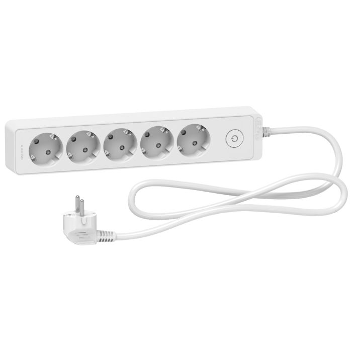 Trailing lead, Unica extend, 5 Schuko, swicthable, 1.5m cable, white main product photo