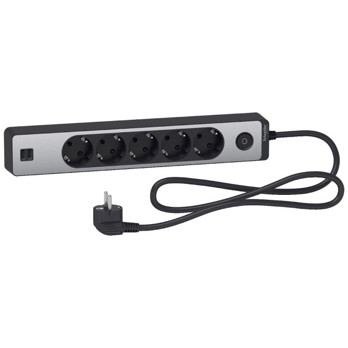 Trailing lead, Unica extend, 5 Schuko, swicthable, USB type A+A, 1.5m cable, anthracite/alu main product photo