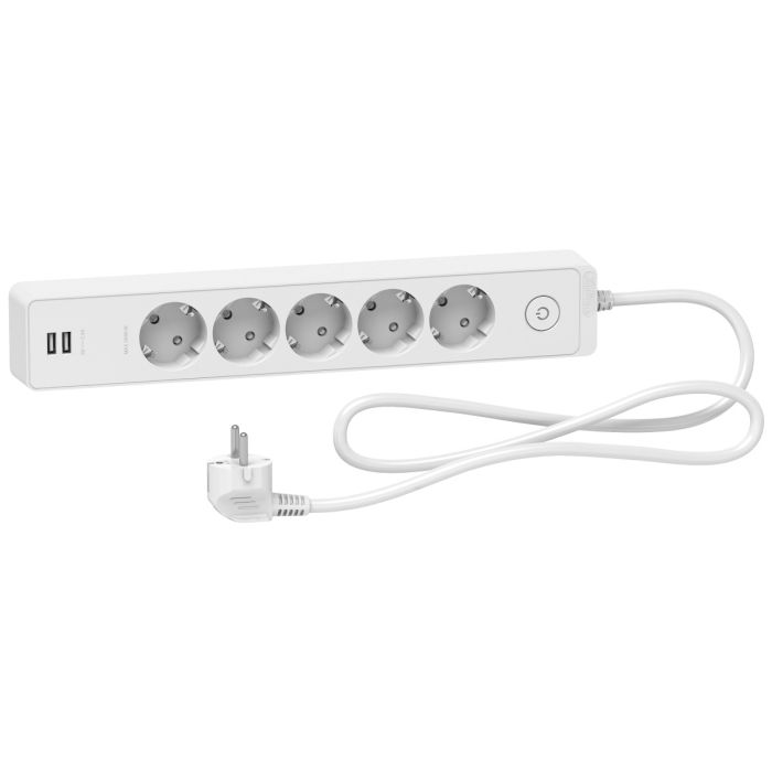 Trailing lead, Unica extend, 5 Schuko, USB type A+A, 1.5m cable, white main product photo