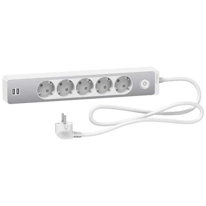 Trailing lead, Unica extend, 5 Schuko, swicthable, USB type A+A, 1.5m cable, aluminium/white main product photo