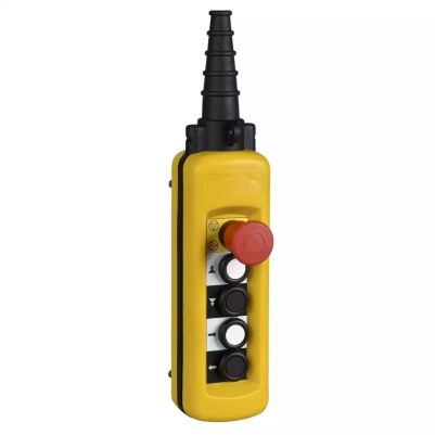 Pendant control station, plastic, yellow, 4 push buttons, 1 emergency stop