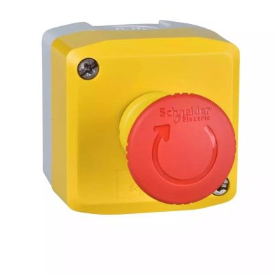 Control station, plastic, yellow lid, 1 red mushroom push button Ø40, turn to release, 1 NC