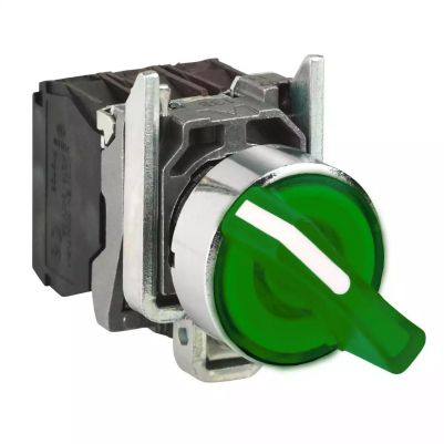 Illuminated selector switch, metal, green, Ø22, 2 positions, stay put, 230...240 V AC, 1 NO + 1 NC