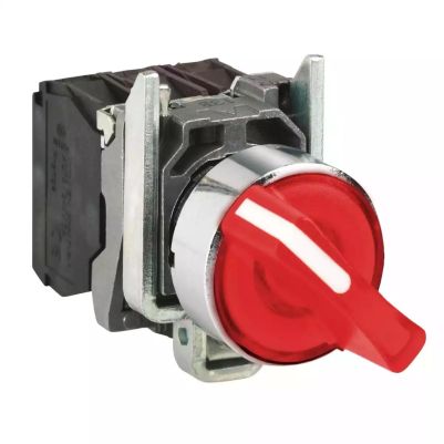 Illuminated selector switch, metal, red, Ø22, 2 positions, stay put, 230...240 V AC, 1 NO + 1 NC