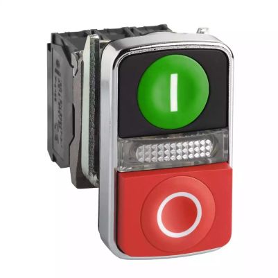Illuminated double-headed push button, metal, Ø22, 1 green flush I + 1 pilot light + 1 red projecting O, 240 V AC, 1 NO + 1 NC