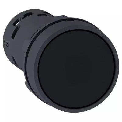 Monolithic push button, plastic, black, Ø22, spring return, unmarked, 1 NO + 1 NC
