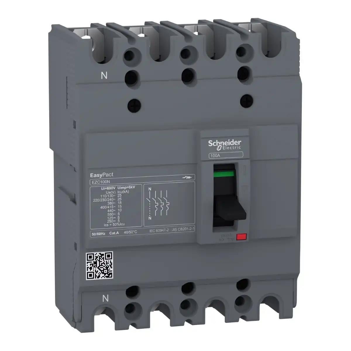 Schneider Electric circuit breaker, EasyPact EZC100N, TMD, 100A, 4 poles 3d