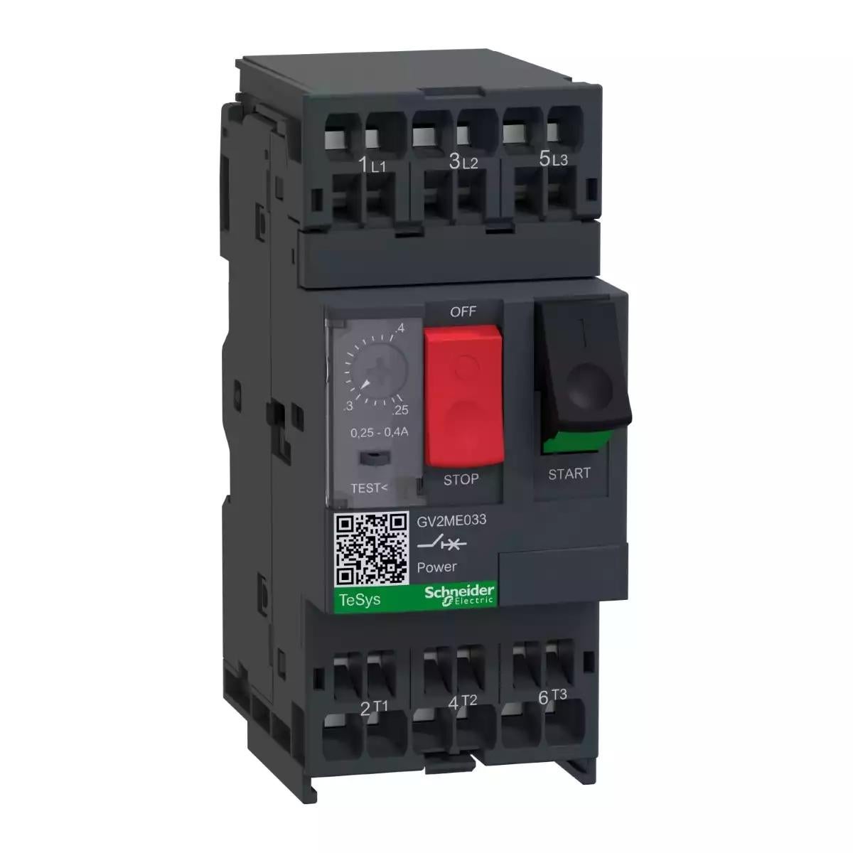 Motor circuit breaker, TeSys GV2, 3P, 0.25-0.4 A, thermal magnetic, spring terminals
