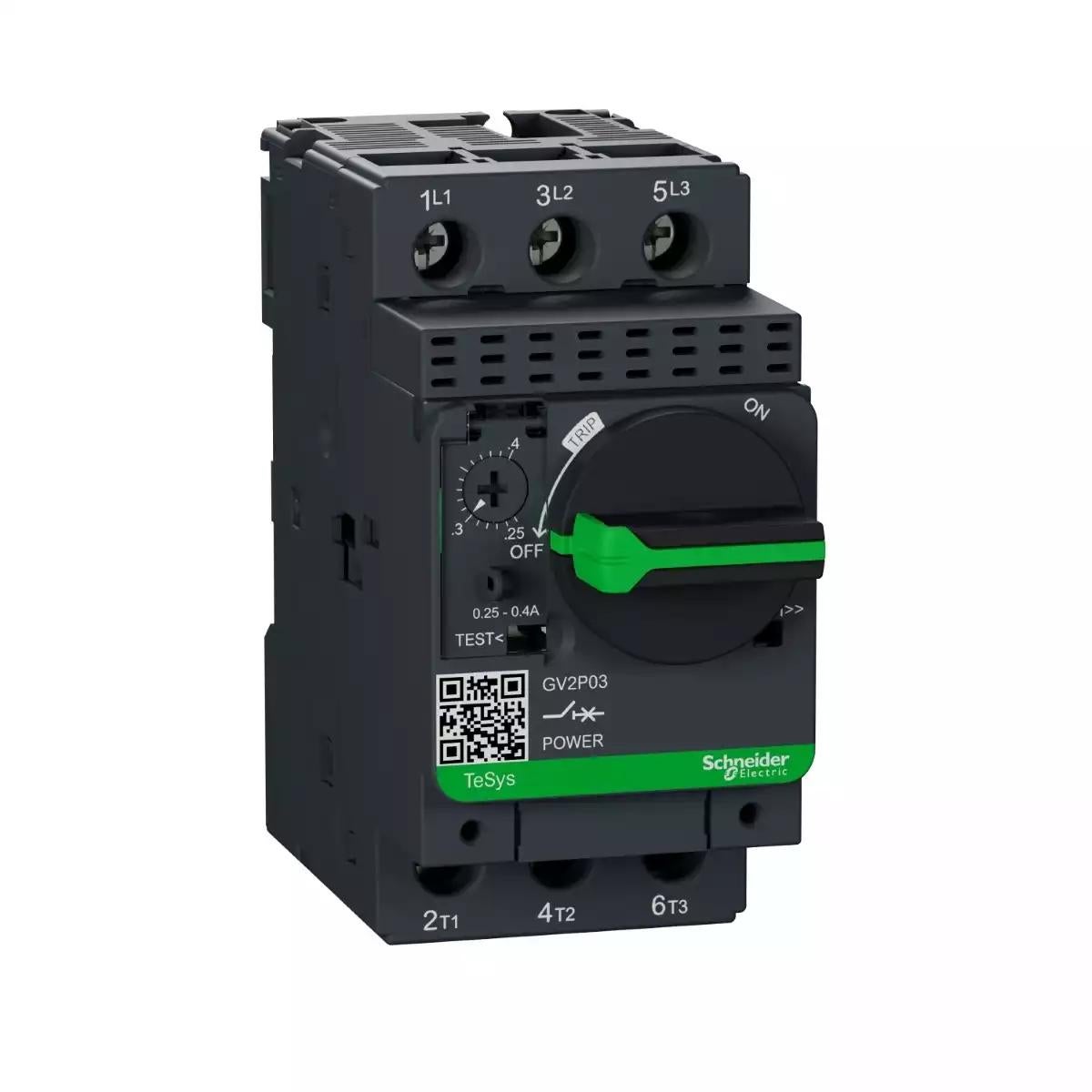 Motor circuit breaker, TeSys GV2, 3P, 0.25-0.4 A, thermal magnetic, screw clamp terminals