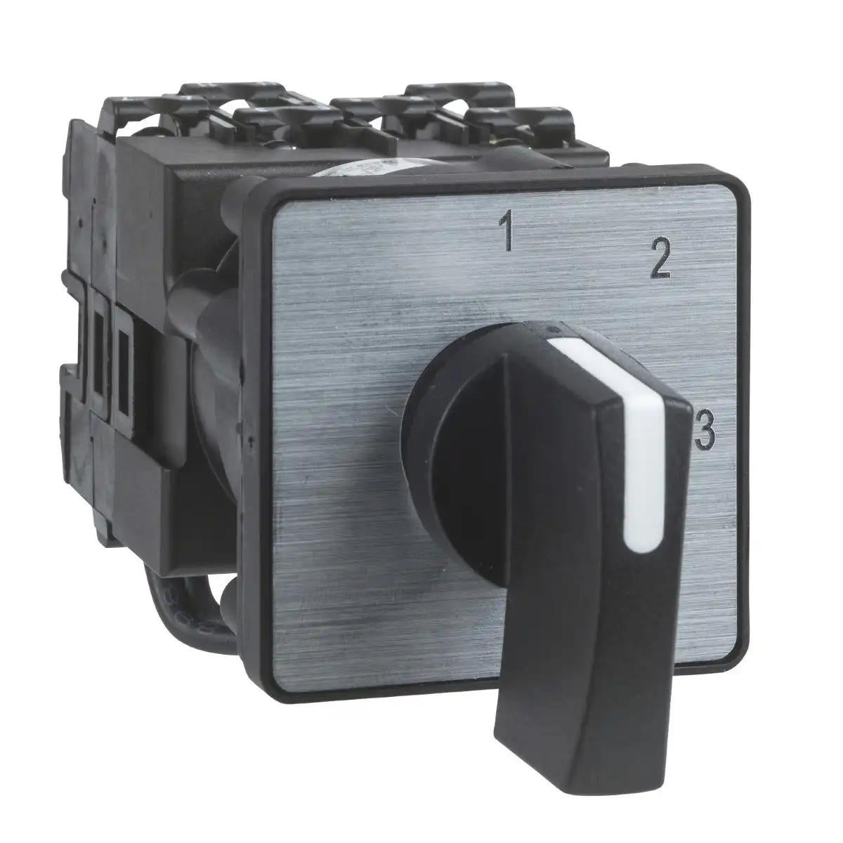 Schneider Electric Cam stepping switch, Harmony K, multifixing, plastic, 3 poles, 3 steps position 0, 45°, 12A, 45x45mm,metallic legend,marked 0 1 2 3, 35mm black handle