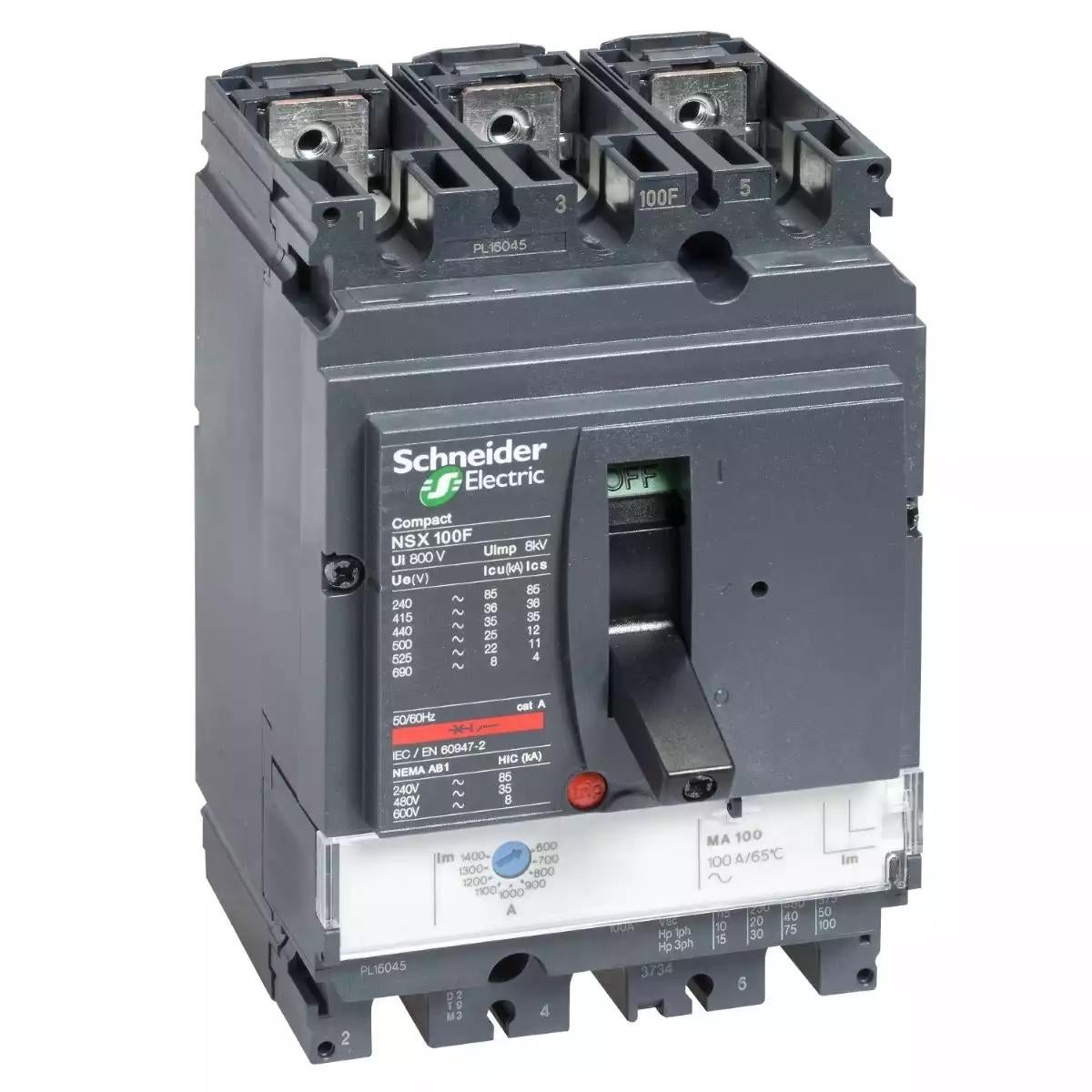 Circuit breaker ComPact NSX100H, 70 kA at 415 VAC, MA trip unit 100 A, 3 poles 3d