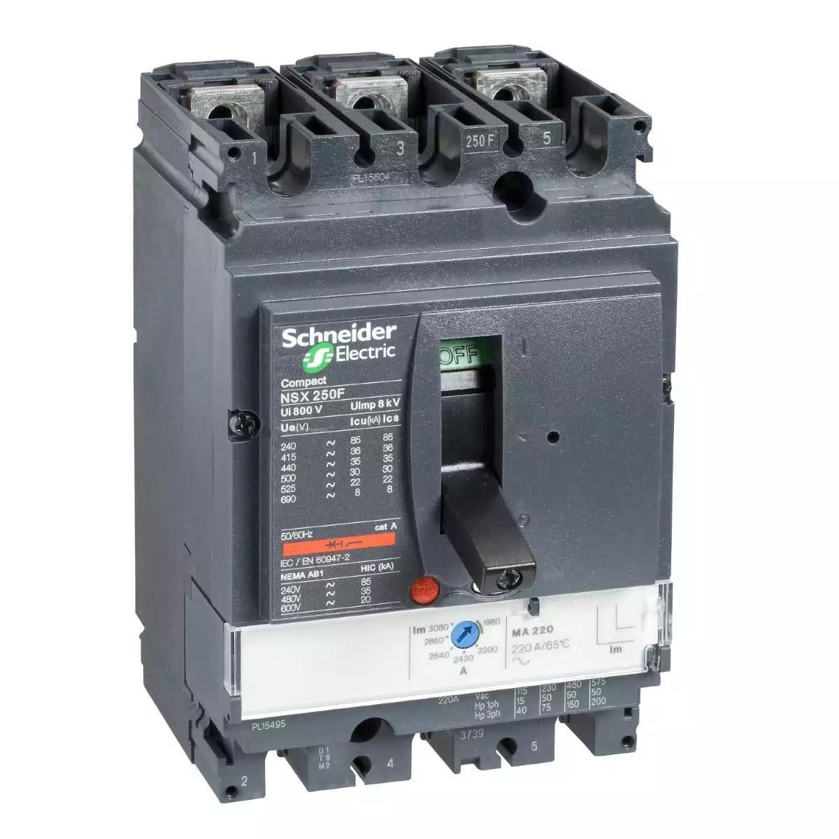 Circuit breaker ComPact NSX250H, 70 kA at 415 VAC, MA trip unit 220 A, 3 poles 3d