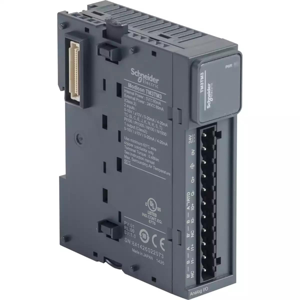 Modicon TM3 - 2 analog or temperature inputs, 1 analog output (screw) 24Vdc