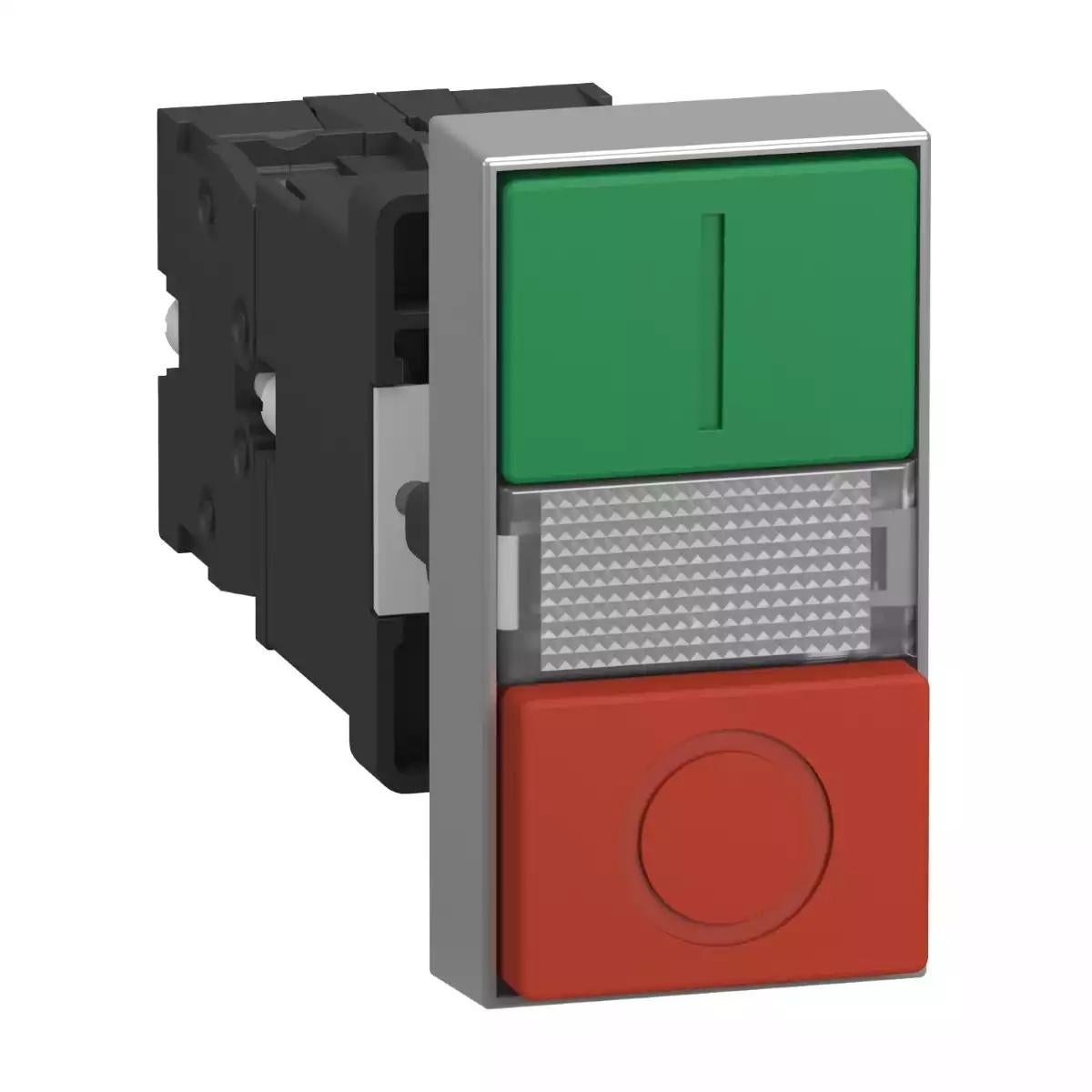 Illuminated double-headed push-button, Easy Harmony XA2, plastic, 22mm, 1 green flush I + 1 light + 1 red flush O, 24V AC/DC, 1NO + 1NC