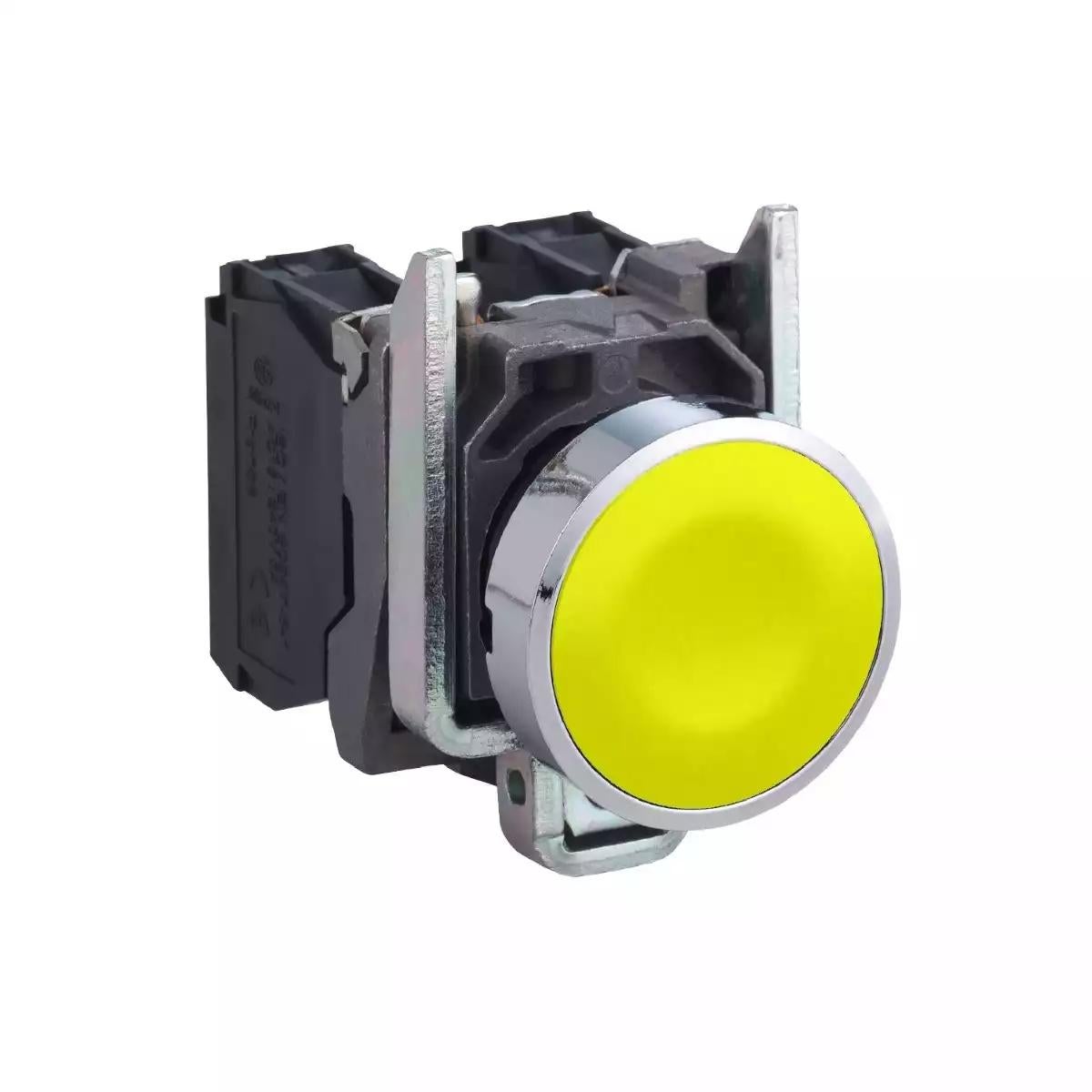 Push button, metal, flush, yellow, Ø22, spring return, unmarked, 1 NO