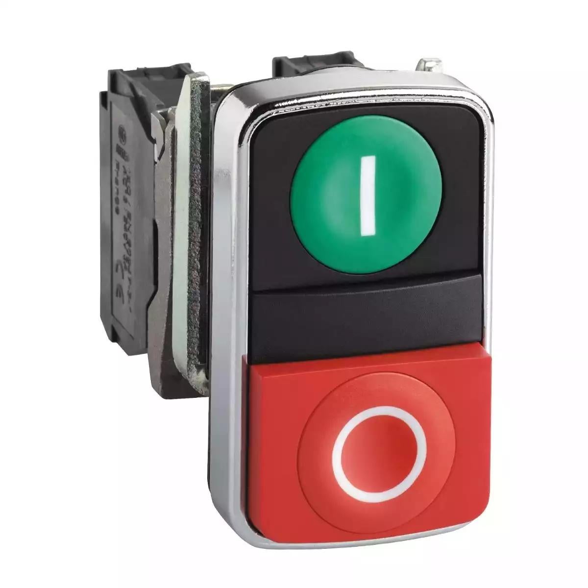 Double-headed push button, metal, Ø22, 1 green flush marked I + 1 red projecting marked O, 1 NO + 1 NC